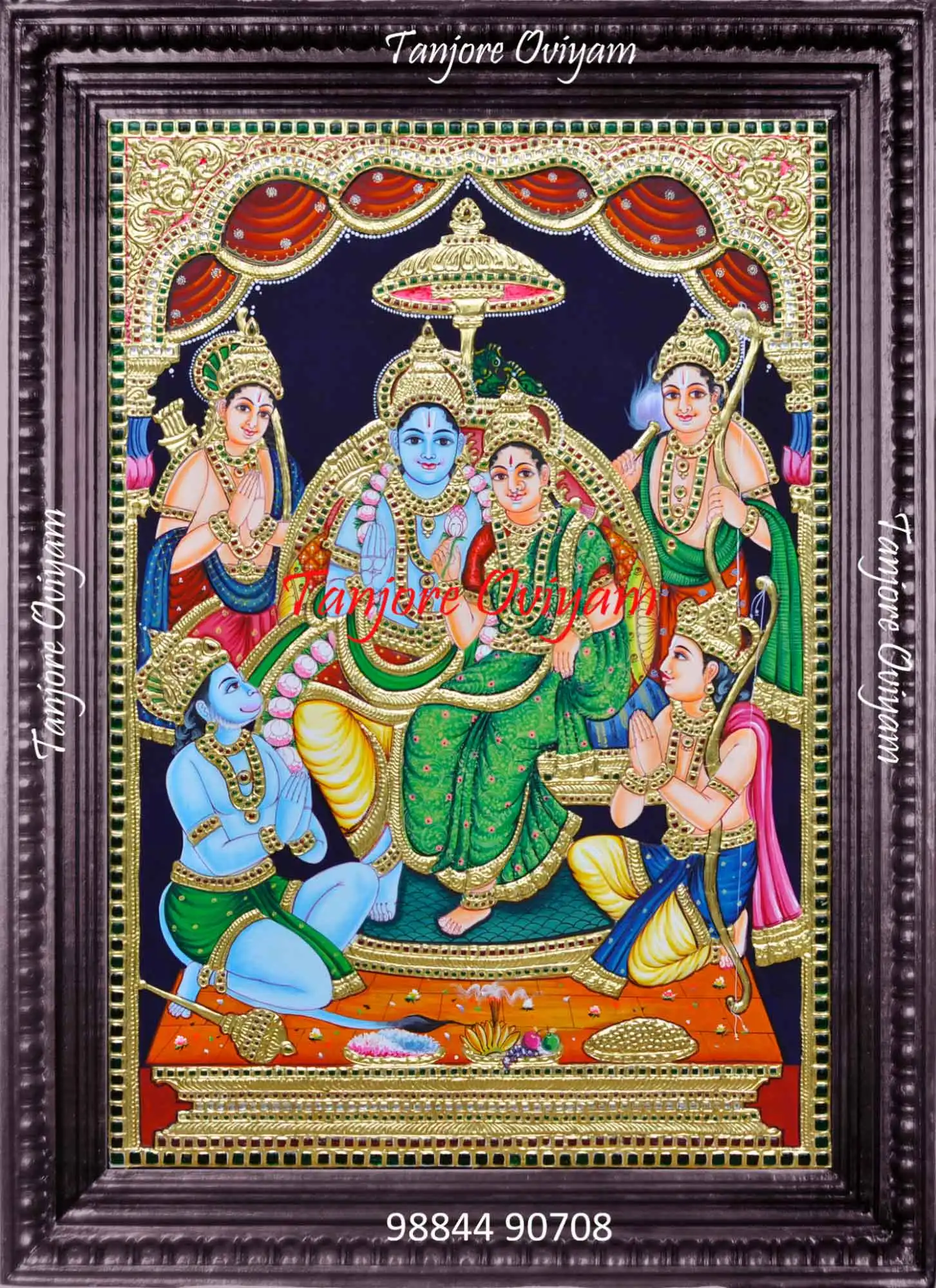 Handcrafted Ram Darbar Tanjore Painting showing Pancha Pattabishegam with Lord Rama, Sita, Lakshmana, Bharata, Shatrughna, and Hanuman in gold foil artwork